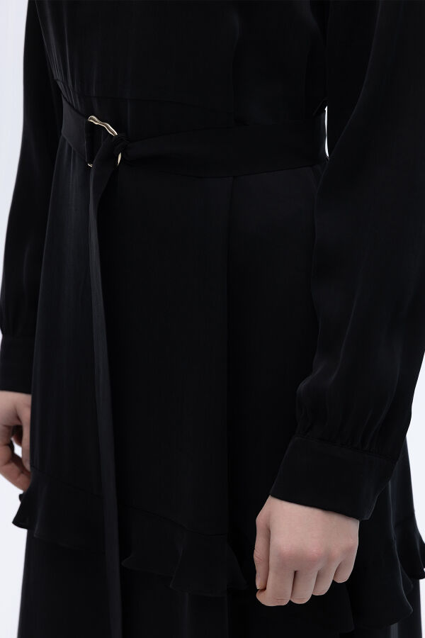 Fırfır Detaylı Uzun Cupro Elbise Siyah - 5