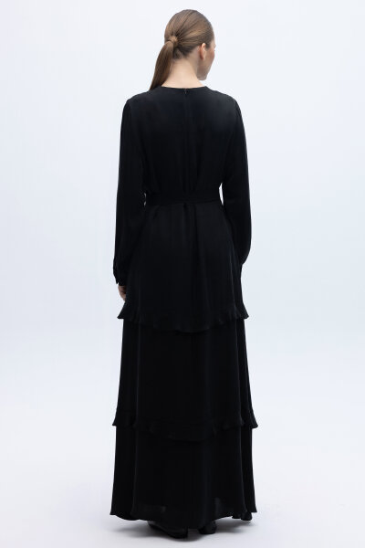 Fırfır Detaylı Uzun Cupro Elbise Siyah - 6