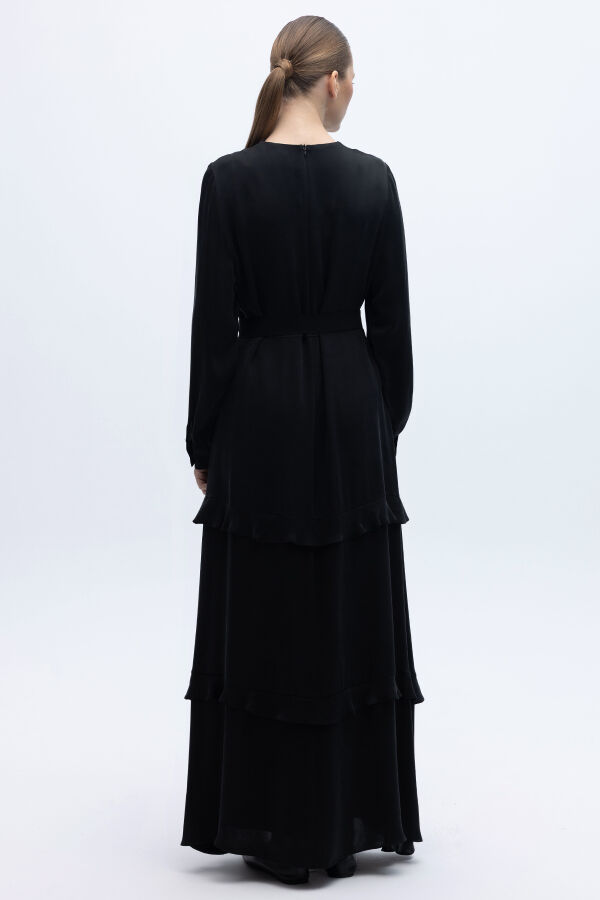 Fırfır Detaylı Uzun Cupro Elbise Siyah - 6