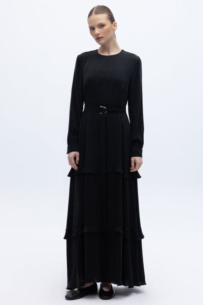 Fırfır Detaylı Uzun Cupro Elbise Siyah - 7