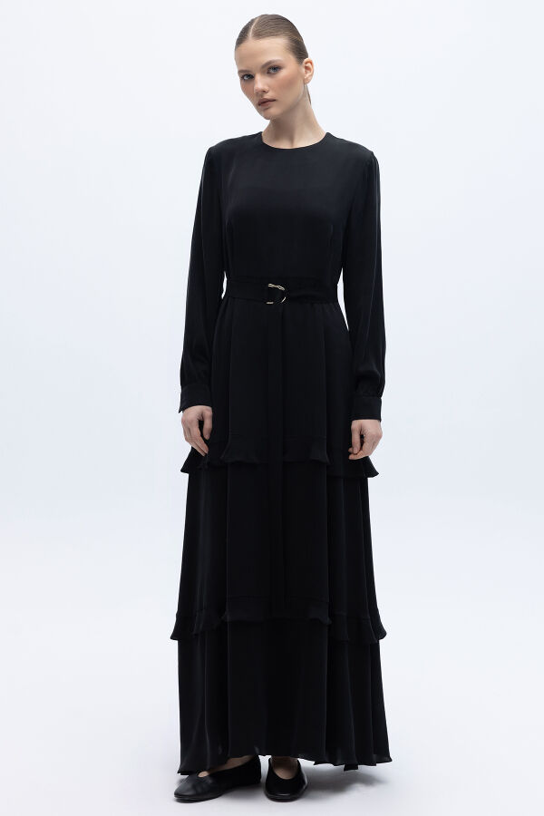 Fırfır Detaylı Uzun Cupro Elbise Siyah - 7