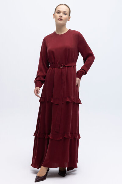 Fırfır Detaylı Uzun Cupro Elbise Cherry - MISS DALIDA