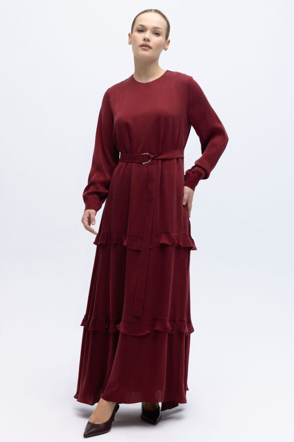 Fırfır Detaylı Uzun Cupro Elbise Cherry - 1