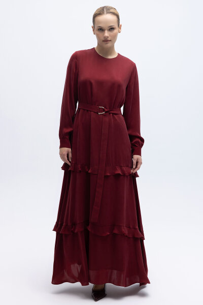 Fırfır Detaylı Uzun Cupro Elbise Cherry - 3