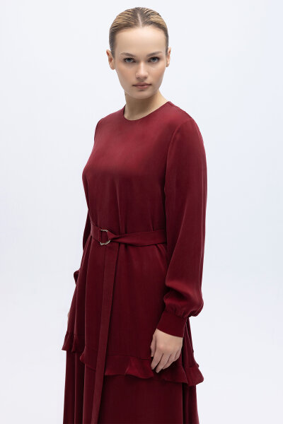 Fırfır Detaylı Uzun Cupro Elbise Cherry - 4