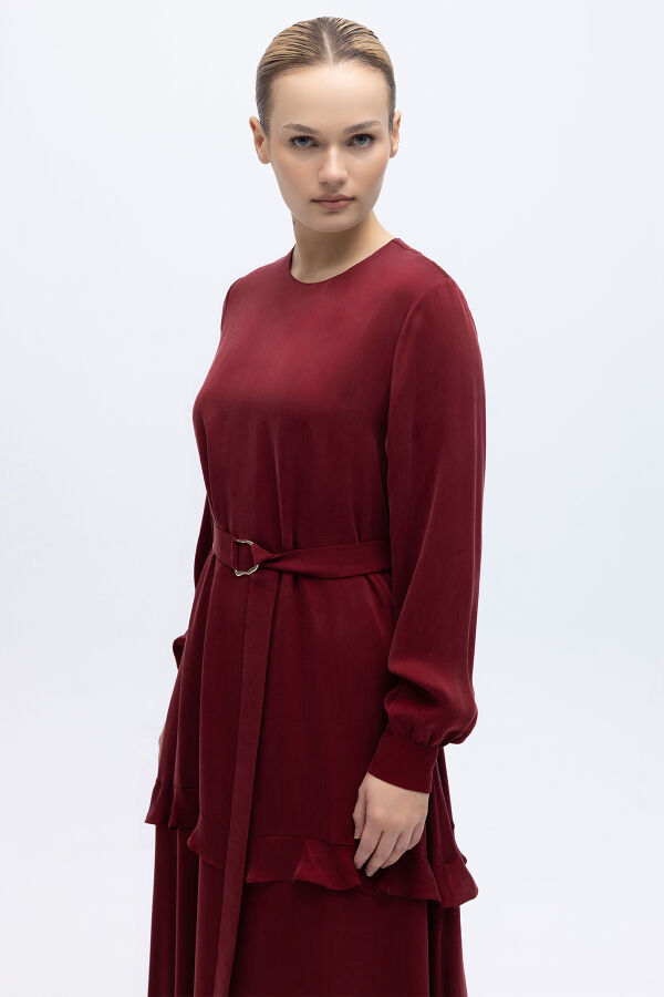 Fırfır Detaylı Uzun Cupro Elbise Cherry - 4