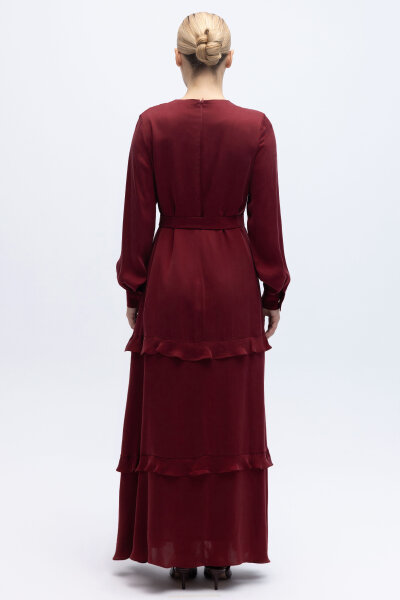 Fırfır Detaylı Uzun Cupro Elbise Cherry - 5