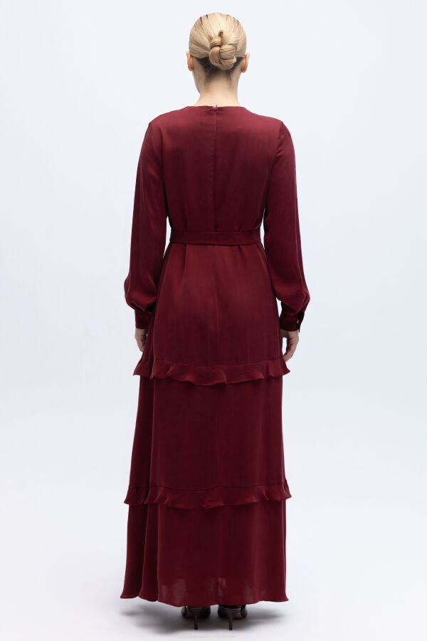 Fırfır Detaylı Uzun Cupro Elbise Cherry - 5