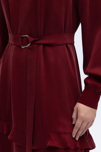 Fırfır Detaylı Uzun Cupro Elbise Cherry - 6