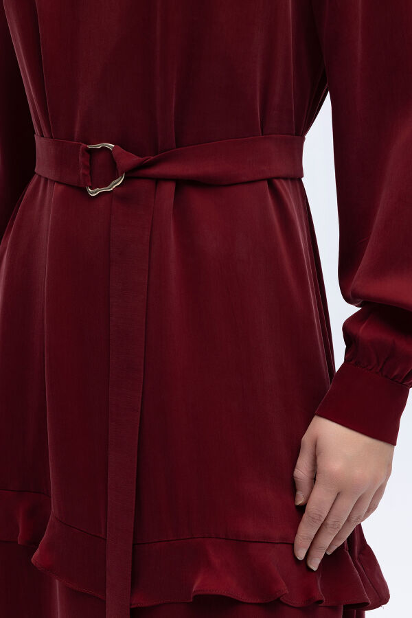 Fırfır Detaylı Uzun Cupro Elbise Cherry - 6