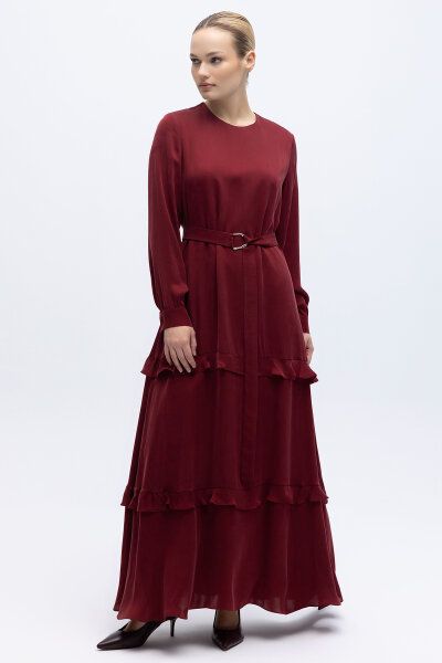 Fırfır Detaylı Uzun Cupro Elbise Cherry - 7