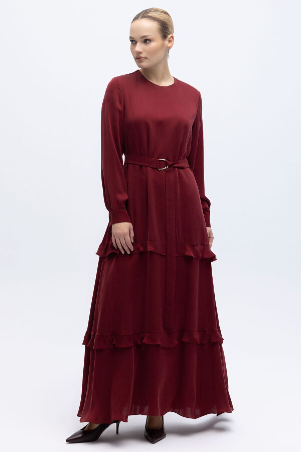 Fırfır Detaylı Uzun Cupro Elbise Cherry - 7