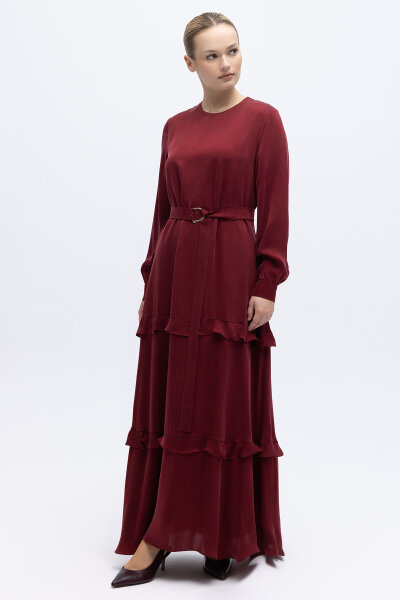 Fırfır Detaylı Uzun Cupro Elbise Cherry - 2