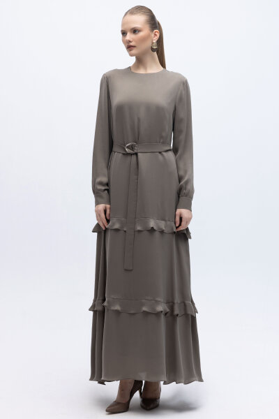 Fırfır Detaylı Uzun Cupro Elbise Mink 