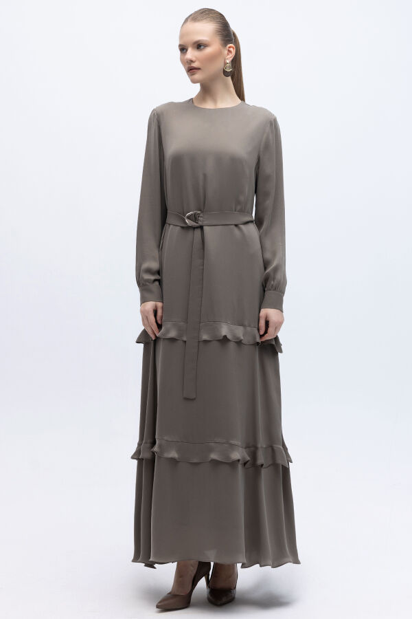 Fırfır Detaylı Uzun Cupro Elbise Mink - 1