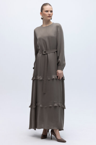 Fırfır Detaylı Uzun Cupro Elbise Mink - 2