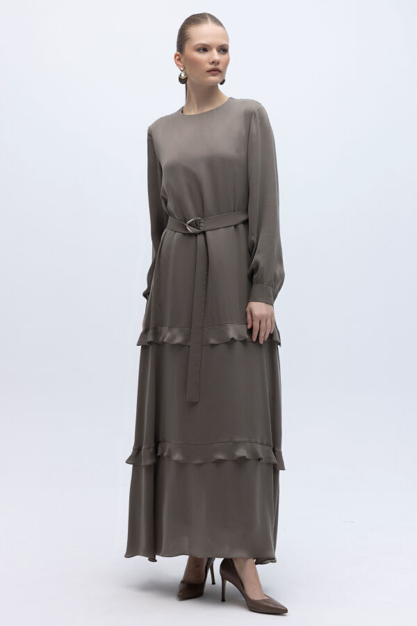 Fırfır Detaylı Uzun Cupro Elbise Mink - 2