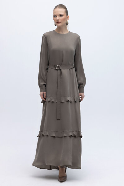 Fırfır Detaylı Uzun Cupro Elbise Mink - 4