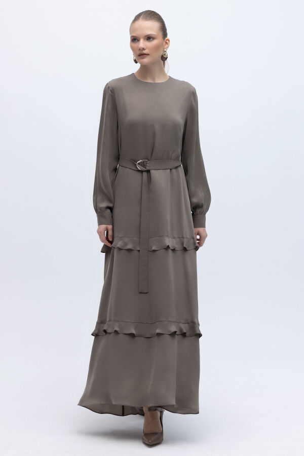 Fırfır Detaylı Uzun Cupro Elbise Mink - 4