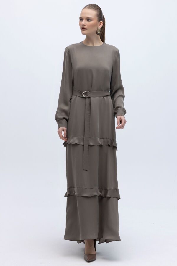 Fırfır Detaylı Uzun Cupro Elbise Mink - 5