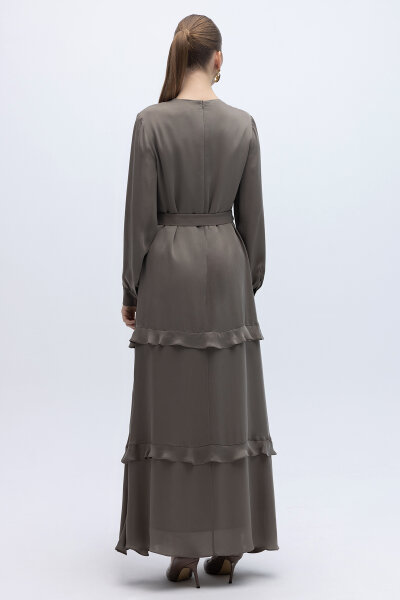 Fırfır Detaylı Uzun Cupro Elbise Mink - 6