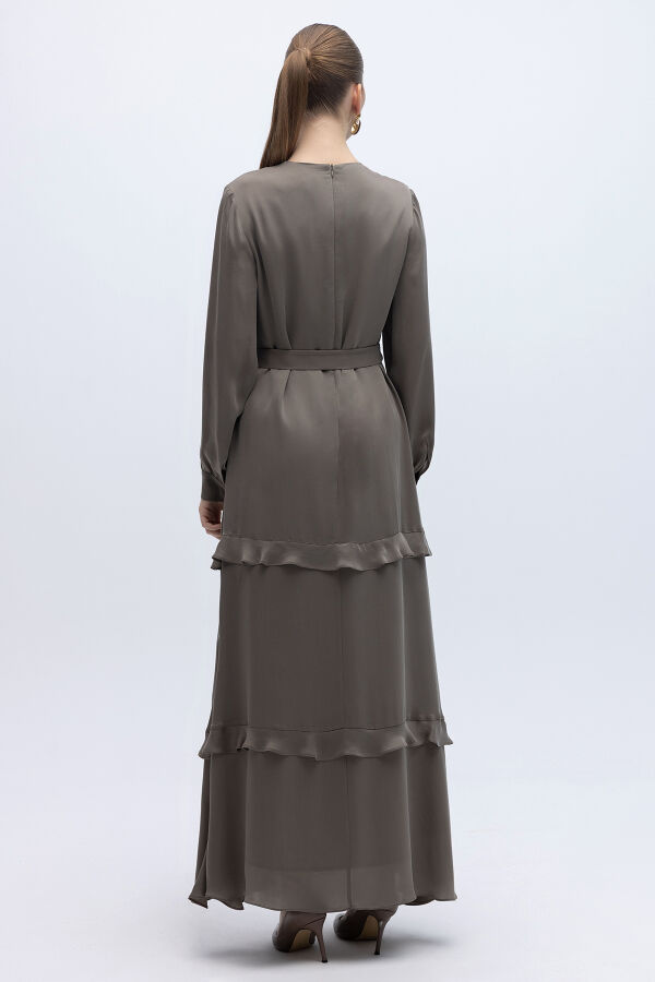 Fırfır Detaylı Uzun Cupro Elbise Mink - 6