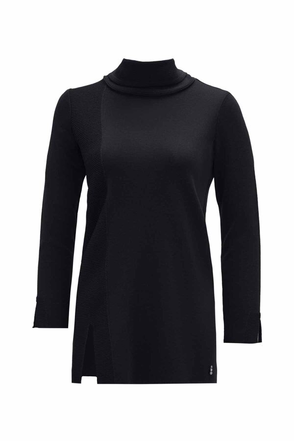 T26K-6009 Fitil Örgü Detaylı Boğazlı Triko Tunik BLACK - 1