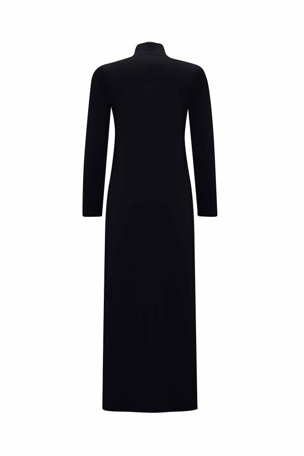 Front Knit Detail Solid Black Dress - 2