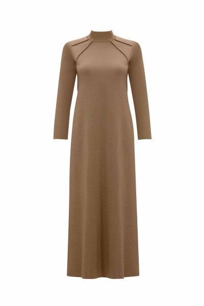 Front Knit Detail Solid Camel Dress - 1