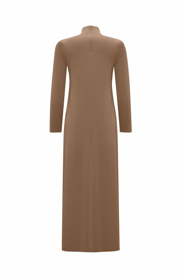 Front Knit Detail Solid Camel Dress - 2