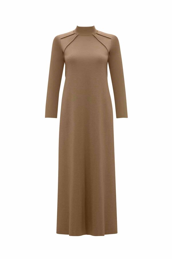 Front Knit Detail Solid Camel Dress - 1