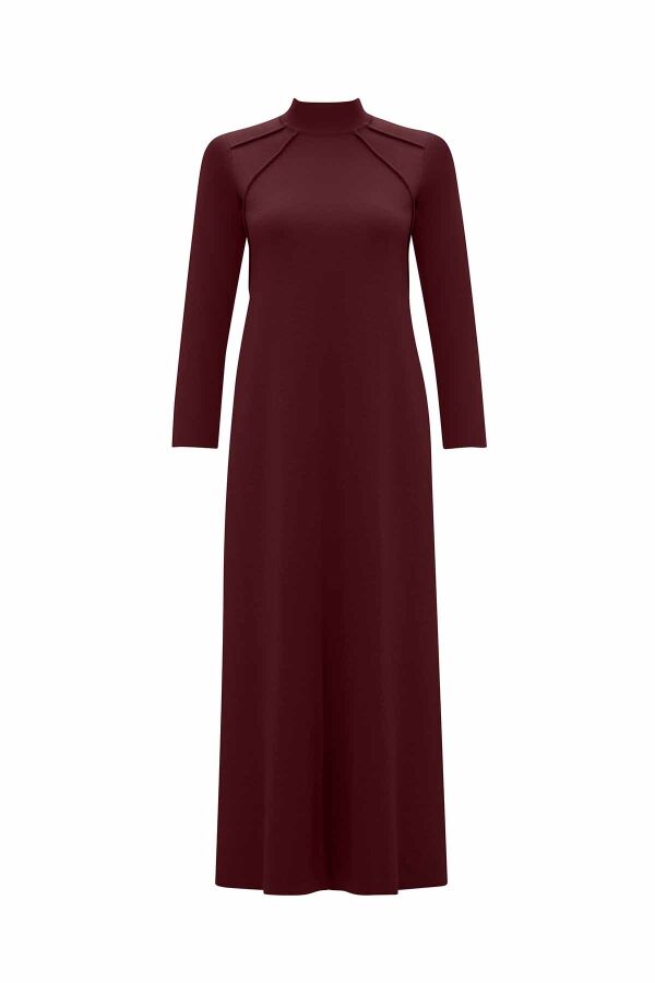 Front Knit Detail Solid Dark Burgundy Dress - 1