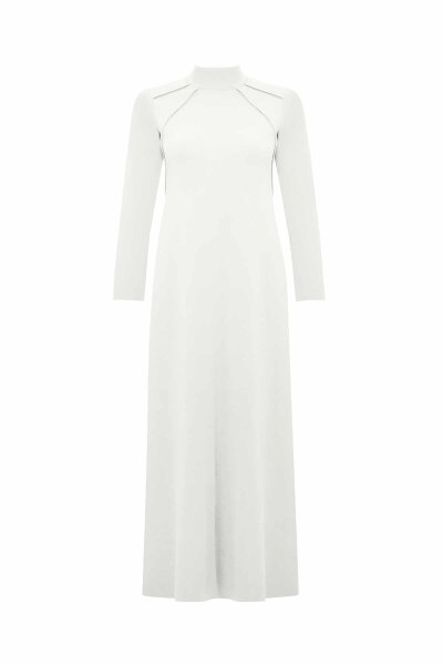 Front Knit Detail Solid Ecru Dress 