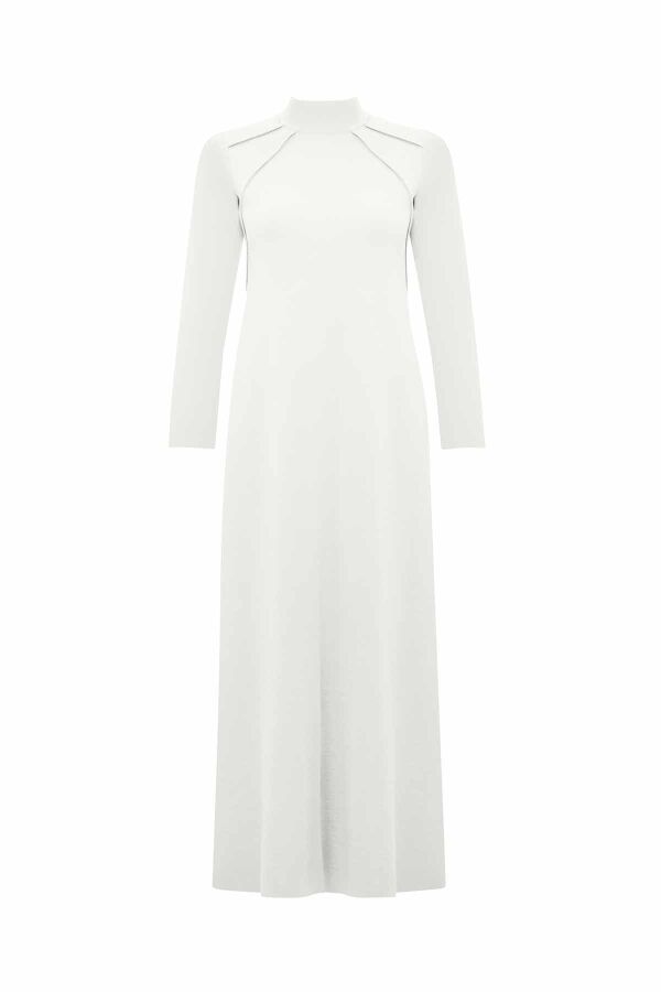 Front Knit Detail Solid Ecru Dress - 1