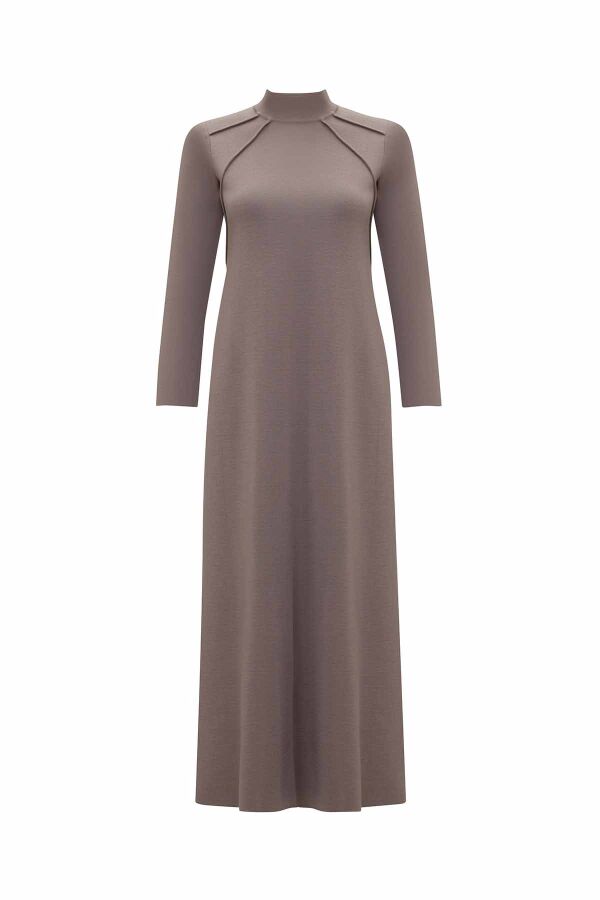 Front Knit Detail Solid Taupe Dress - 1