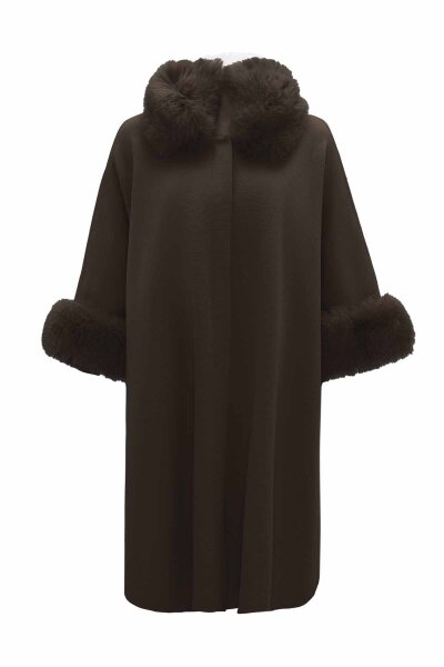 Fur Detailed Brown Knit Poncho - 1