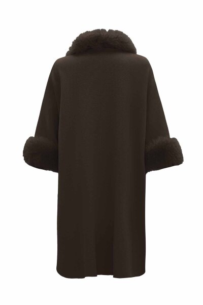 Fur Detailed Brown Knit Poncho - 2