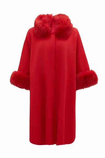 Fur Detailed Red Knit Poncho 