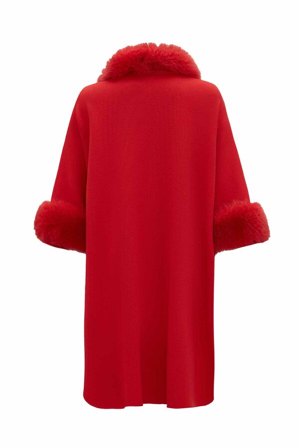 Fur Detailed Red Knit Poncho - 2