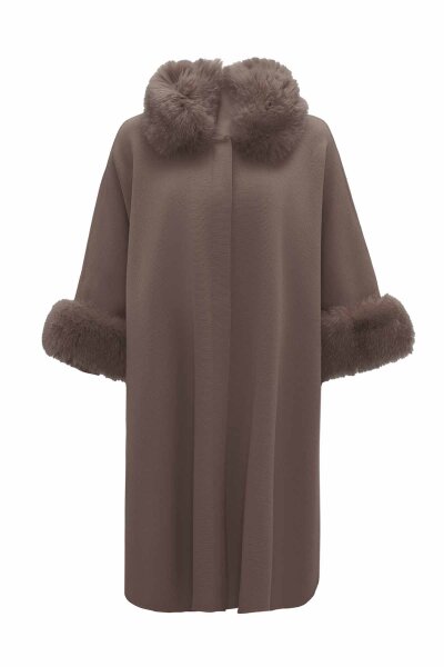 Fur Detailed Taupe Knit Poncho 