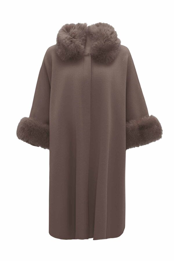 Fur Detailed Taupe Knit Poncho - 1