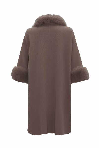 Fur Detailed Taupe Knit Poncho - 2