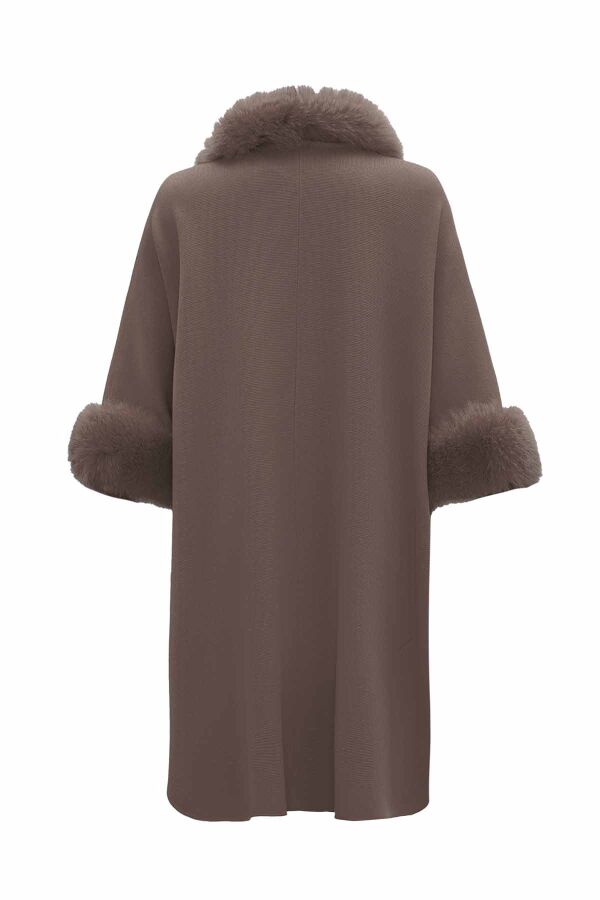 Fur Detailed Taupe Knit Poncho - 2