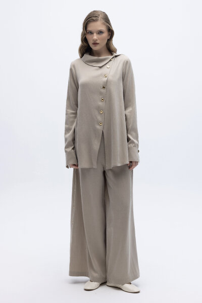 Geniş Paça İpek Keten Pantolon Bej 