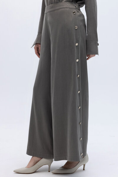 Geniş Paça İpek Keten Pantolon Mink - 4