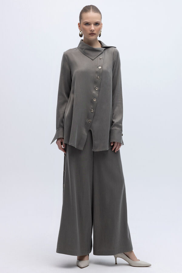 Geniş Paça İpek Keten Pantolon Mink - 1