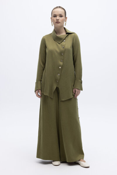 Geniş Paça İpek Keten Pantolon Olive 