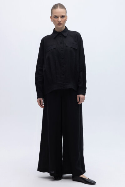 Geniş Paça Keten Pantolon Siyah - 1