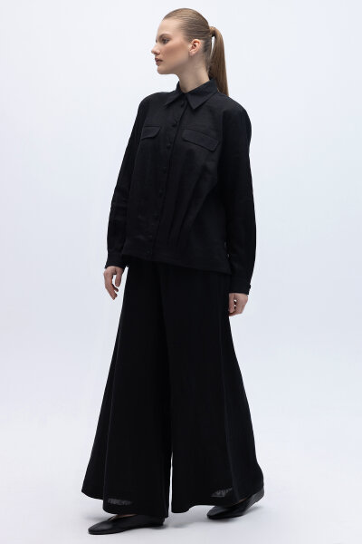 Geniş Paça Keten Pantolon Siyah - 3