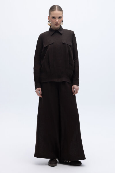 Geniş Paça Keten Pantolon Kahverengi 